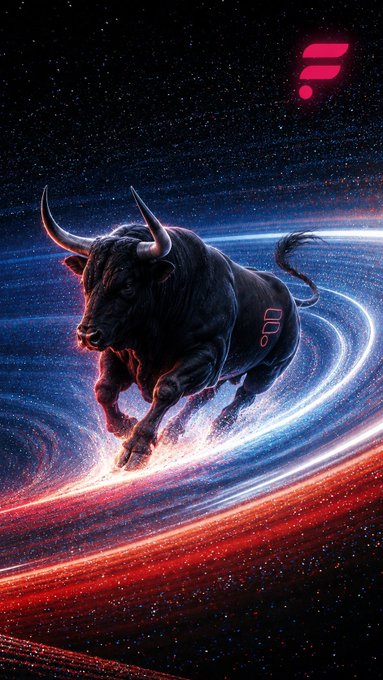 A digital artwork depicting a powerful black bull charging through a cosmic swirl of red and blue light trails against a starry space background, with a pink 'F' logo at the top.