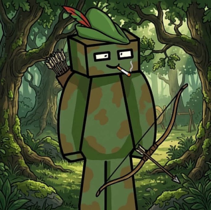 A cartoonish, blocky character wearing camouflage and a green hat with a red feather stands in a forest, smoking a cigarette while holding a bow and a quiver of arrows.