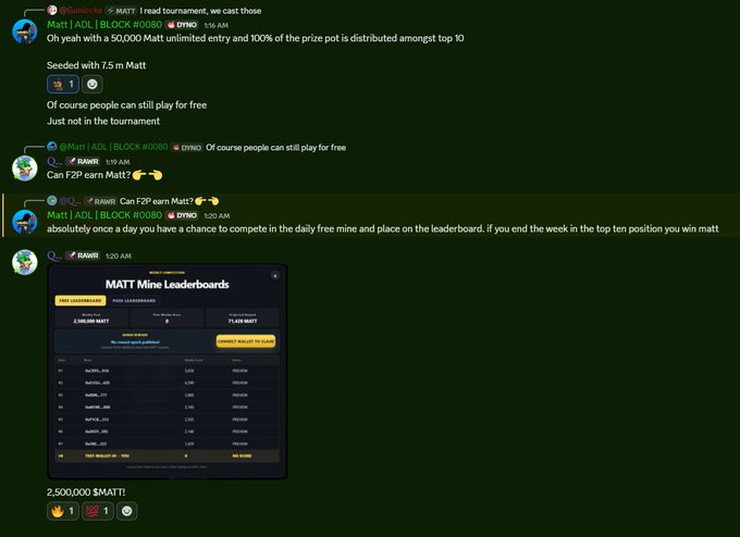 A Discord chat screenshot featuring announcements about a $MATT token tournament with a 50,000 $MATT prize pool, including a screenshot of the MATT Mine Leaderboards leaderboard showing participants and their earnings.