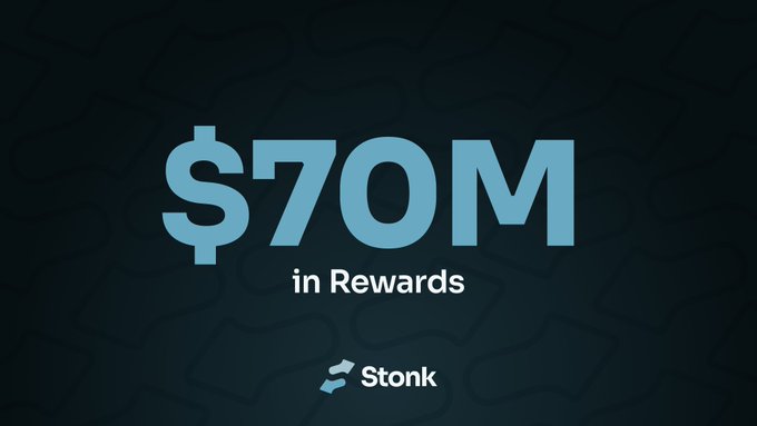 The image displays "$70M in Rewards" in large blue and white text on a dark patterned background, with the Stonk logo at the bottom, visually emphasizing the massive scale of rewards distribution referenced in the post about pacing $5 million per day in holder rewards.