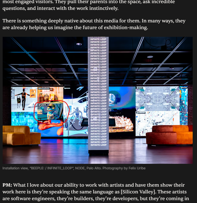 The image shows an art installation titled "BEEPLE: // INFINITE_LOOP" displayed at NODE in Palo Alto, featuring a column of repeating "INFINITE_LOOP" text between large digital screens displaying digital artwork, with orange seating in the foreground.

The installation's theme of an "infinite loop" and its roots in Silicon Valley's digital art culture loosely echoes the meme culture referenced in the post, though the image itself depicts a legitimate contemporary art exhibition rather than the $TIBBIR meme mentioned.