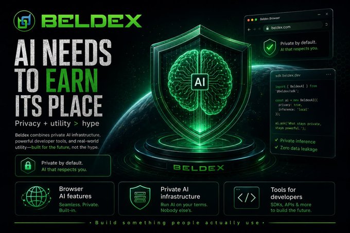 A promotional banner for "BELDEX" reading "AI NEEDS TO EARN ITS PLACE" and "Privacy + utility > hype", highlighting features like "Private by default" and "Private AI infrastructure".