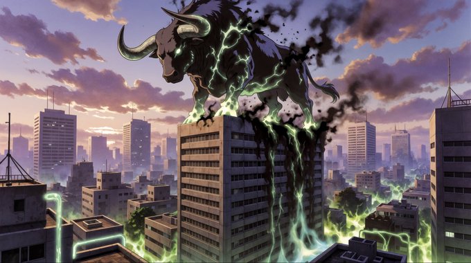 An anime-style illustration showing a massive, dark bull standing atop a skyscraper wreathed in green lightning above a city at dusk.