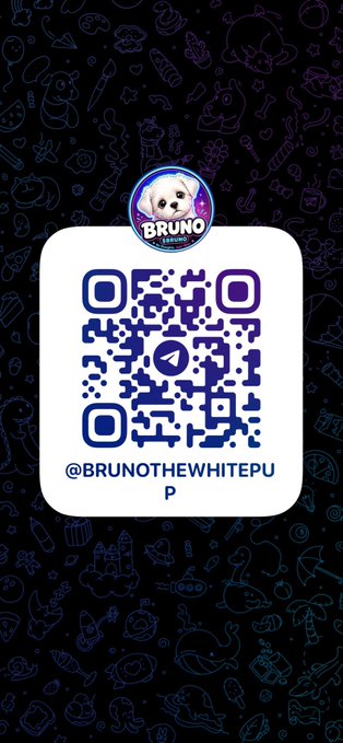 A QR code on a dark blue background decorated with various cartoon doodles, featuring a circular logo with a white dog/puppy character labeled 'BRUNO' and the handle '@BRUNOTHEWHITEPUP' at the bottom.