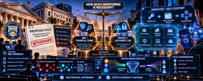 A complex infographic titled 'HOW MUCH MONITORING IS NECESSARY?' discussing proposed rules on unhosted wallets, AML oversight, crypto mixing services, and balancing regulation with freedom.