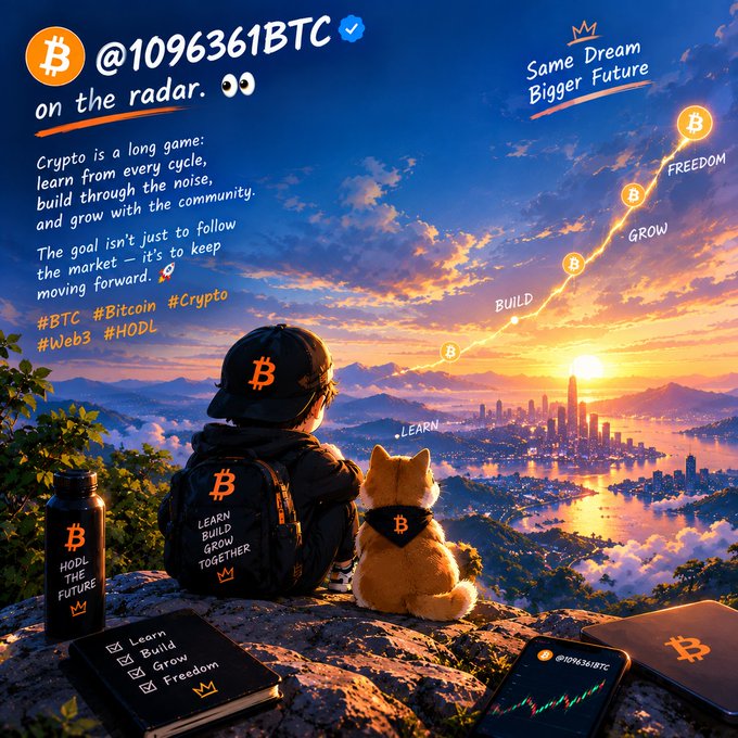 A motivational crypto-themed illustration featuring a child and a dog wearing Bitcoin-themed gear looking out over a city skyline at sunset. The text reads '@1096361BTC on the radar' with messages about crypto being a long game, learning, building, and growing, alongside hashtags #BTC, #Bitcoin, #Crypto, #Web3, and #HODL.