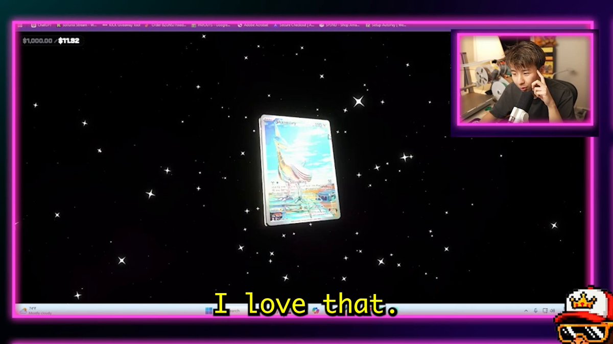 The image shows a computer screen with a video game being played by a person sitting at their desk. The game appears to be a card game, as there are two cards displayed on the screen - one of which has a message saying "I love that." This suggests that the player is enjoying the game and appreciates its content or gameplay.