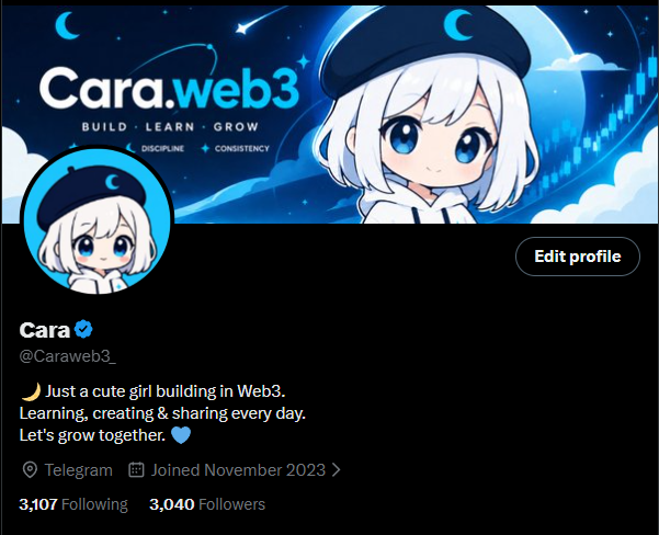 A Twitter/X profile for 'Cara' (@Caraweb3_) with a banner reading 'Cara.web3 - BUILD - LEARN - GROW,' featuring an anime avatar in a blue beret, describing herself as a 'cute girl building in Web3' with 3,040 Followers.
