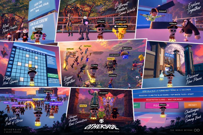 Promotional collage for the blockchain game 'OTHERSIDE' by Bored Ape Yacht Club, featuring multiple gameplay screenshots with text like 'Different Avatars Same World,' 'Explore Together,' 'Play Mini Games,' 'Discover New Places,' 'A World Full of Stories,' and 'Unique Avatars Real Connections.'