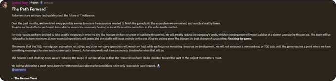 A tweet from The Beacon (under ZoidPay's account) titled 'The Path Forward,' discussing the shutdown of operations due to insufficient market conditions, with text acknowledging staff, investors, and the community.