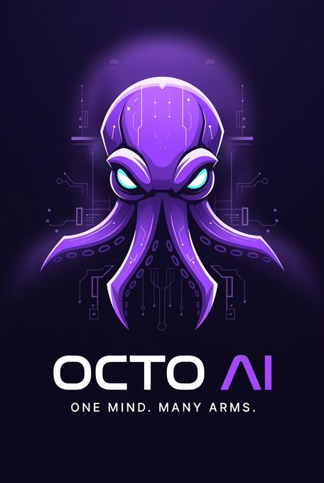 A logo for 'OCTO AI' features a stylized purple octopus head with glowing cyan eyes against a dark purple background, with the tagline 'ONE MIND. MANY ARMS.'