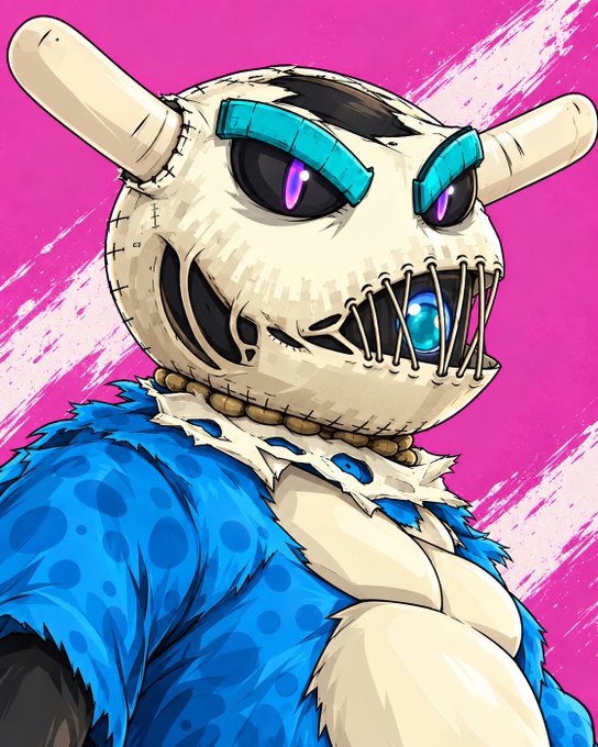 A digital illustration depicts a creature resembling a stuffed rabbit with stitched seams, horns, and sharp teeth, wearing a blue fuzzy garment and a beaded necklace against a magenta background.