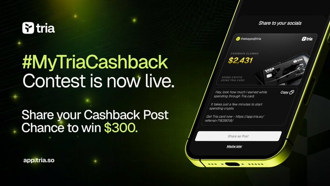 A black phone displaying an advertisement for My Trivia Cashback contest. The display shows a black background featuring green text advertising the event's details, and a yellow cell phone that appears to be actively participating in the contest.