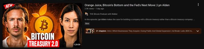A YouTube thumbnail promoting "Bitcoin Treasury 2.0" featuring an episode of "The Bitcoin Podcast with Walker" titled "Orange Juice, Bitcoin's Bottom and the Fed's Next Move" with guest Lyn Alden. The thumbnail, which highlights Bitcoin treasury companies and includes tickers like $UBTC, $MSTR, $STRC, and $MTPLF, complements the accompanying post's skepticism about private equity firms using Bitcoin treasury strategies as a fundraising gimmick.