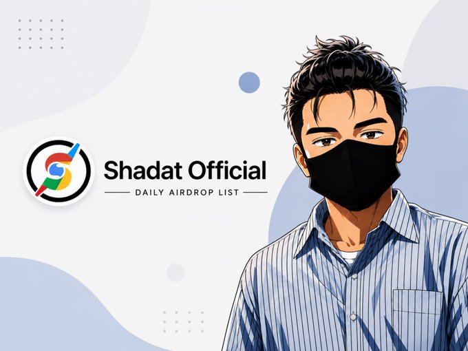 A stylized illustrated graphic featuring a young man with dark hair wearing a black face mask and a striped blue shirt, alongside a "Shadat Official – Daily Airdrop List" logo with a Google-style target icon, visually branding a post highlighting 5 crypto airdrop opportunities, including the live Maroo L1 and Minara testnets.
