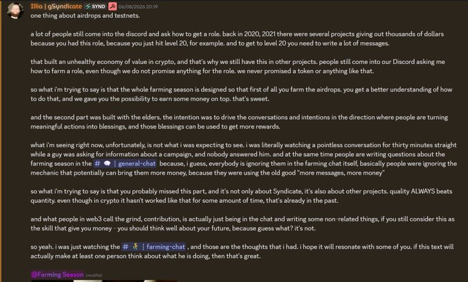 A Discord post by user 'Illia | gSyndicate' dated 06/08/2024 discussing airdrops, farming seasons, and web3 contribution culture.