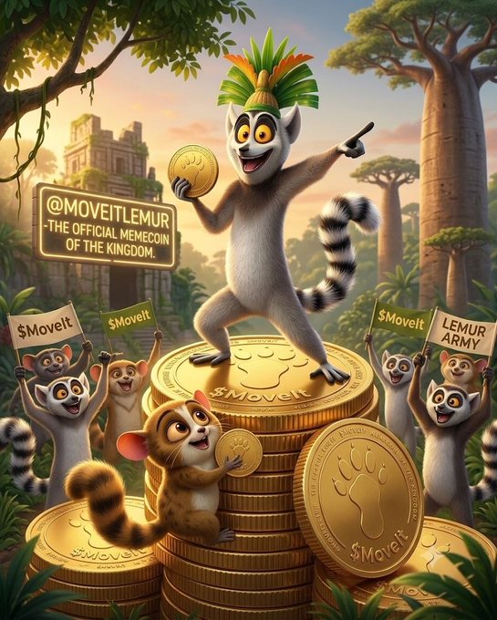A colorful digital illustration of ring-tailed lemurs in a jungle setting, with a crowned lemur standing on a stack of gold "$MoveIt" coins, advertising "@MOVEITLEMUR - THE OFFICIAL MEMECOIN OF THE KINGDOM."