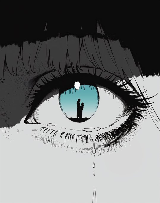A black and white illustration of a large crying eye with a blue iris that reflects the silhouette of a couple embracing under a moonlit sky.