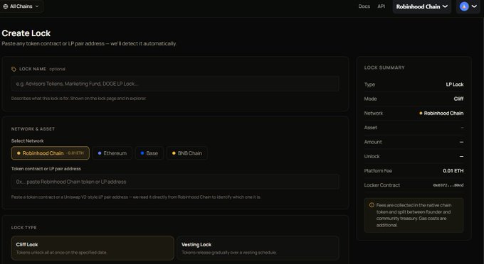 The image shows a "Create Lock" interface on Robinhood Chain, where users can paste a token contract or LP pair address to create a token lock, with options for either a Cliff Lock or Vesting Lock. This supports the post's claim about $Gen being the "First token locker on Robinhood chain," as the platform displays a low network fee of just 0.01 ETH compared to Unicrypt, highlighting the 10x cheaper fees mentioned.
