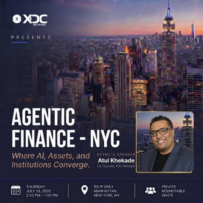 Promotional flyer for XDC Network's "Agentic Finance - NYC" event featuring Co-Founder Atul Khekade as keynote speaker, scheduled for Thursday, July 9, 2026, from 2:00 PM–7:00 PM as a private roundtable invite in Manhattan, with the tagline "Where AI, Assets, and Institutions Converge" set against a New York City skyline at dusk. The image visually represents the post's announcement of Khekade's upcoming appearance at the exclusive gathering of institutional finance, AI, and digital assets leaders.