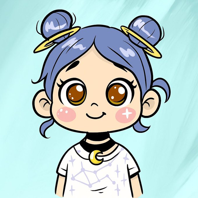 A cartoon illustration of a cute girl with blue hair in twin buns with yellow rings, large brown eyes, and a crescent moon choker, wearing a constellation-patterned shirt against a teal background.