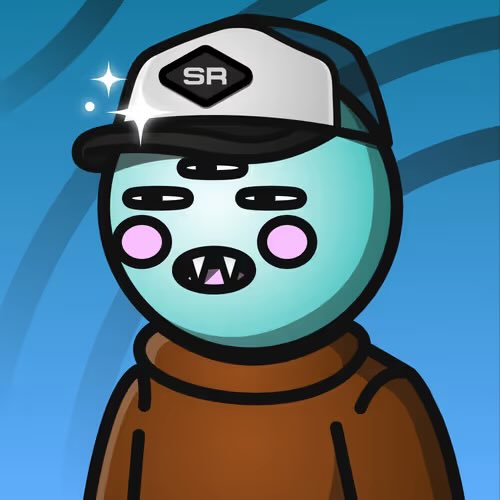 A cartoon illustration of a small blue character with pink cheeks, small fangs, and a white cap labeled 'SR' on a blue swirled background.