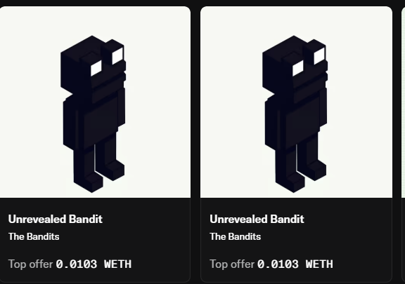 Two identical NFT listings titled 'Unrevealed Bandit' from 'The Bandits' collection, each with a top offer of 0.0103 WETH.