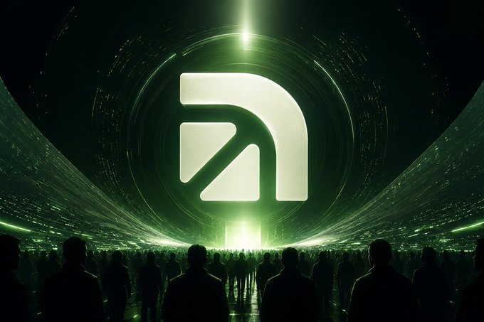 A sci-fi style image showing silhouettes of people facing a large glowing green geometric logo within a circular arena-like structure with radiating light beams.