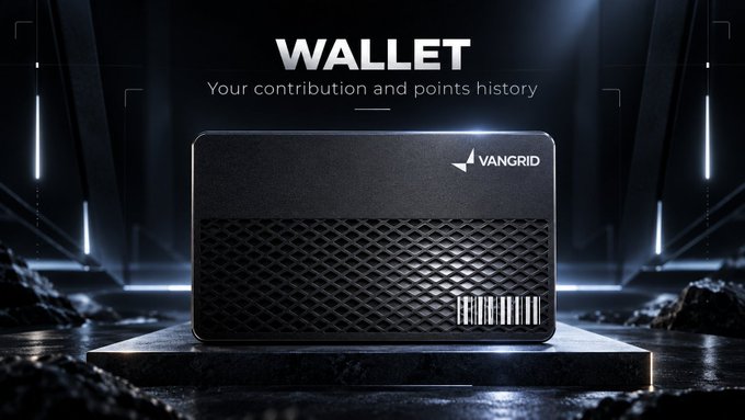 A sleek black 'VANGRID' branded card or device is displayed on a platform with the heading 'WALLET - Your contribution and points history' against a dark, futuristic background.