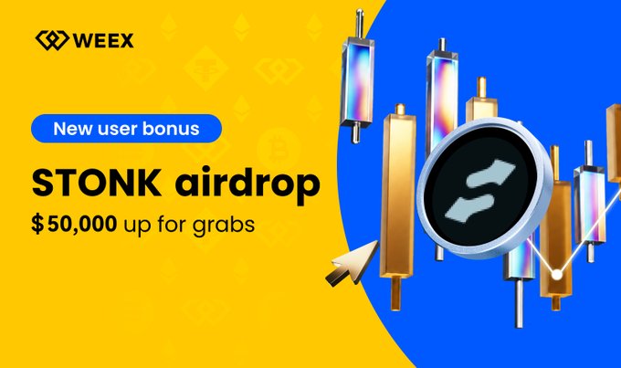 A vibrant WEEX promotional banner advertising a $50,000 USDT airdrop for new users with the headline "STONK airdrop - $50,000 up for grabs," featuring the WEEX logo alongside colorful 3D candlestick charts and the STONK token emblem against a bold yellow and blue background.