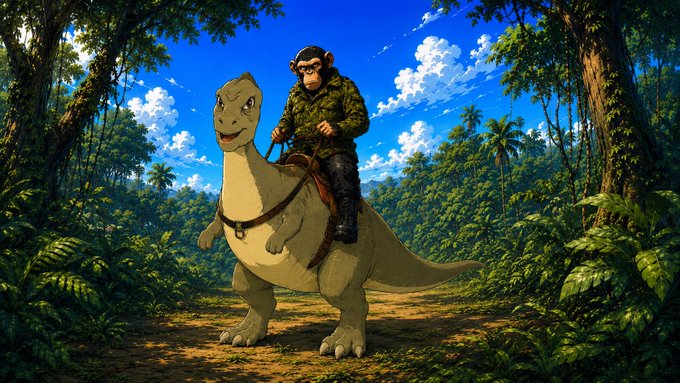 A soldier in camouflage and a helmet rides a beige dinosaur through a lush jungle path, fittingly channeling the rugged, cowboy-like $YEE energy with a wild, adventurous "yeeeeehaaaa" spirit.