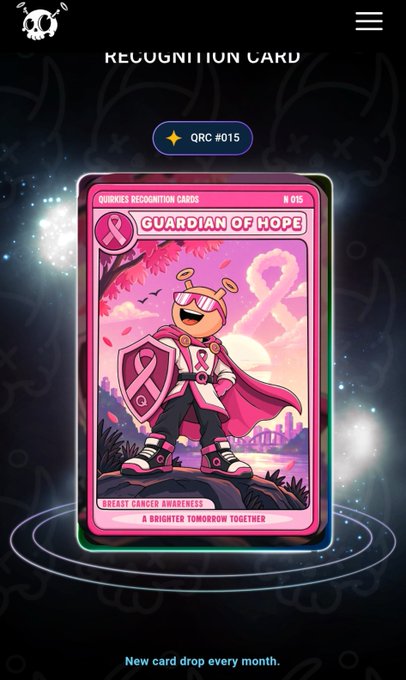 A digital trading card titled 'Guardian of Hope' from the Quirkies Recognition Cards (QRC #015) series, featuring a cartoon superhero character with a pink ribbon for Breast Cancer Awareness.