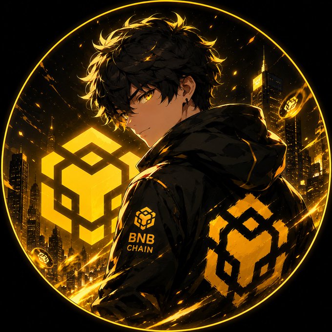 Anime-style illustration of a young man in a black BNB Chain jacket against a golden cityscape backdrop with the BNB Chain logo prominently displayed.