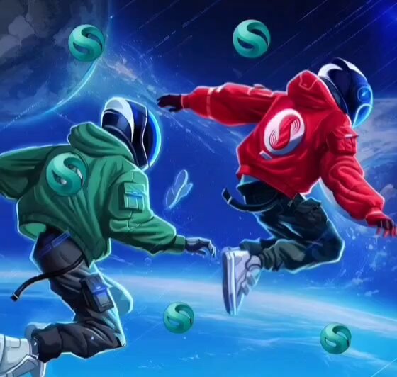 The image features two people wearing space suits and flying around a planet with green balls floating in front of them. The person on the left has their arms outstretched, while the one on the right has both arms stretched out behind them. These space suits are similar, suggesting that they might be exploring or participating in an event together. The backdrop is set against a blue sky, adding to the sense of adventure and possibility. The image does not contain any discernible text, but it appears to be related to the post that says "BIG UPDATES ON @supra_labs suprascan.io EXPLORER HOMEPAGE > Live validators ... Latest $SUPRA price > Block rate, epoch, TPS, average gas ... Supply tokenomics, market cap, total supply".