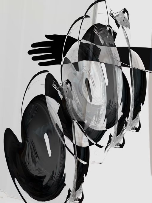 An abstract black and white painting featuring distorted, swirling shapes that appear to merge hands with reflective, glassy spherical forms.