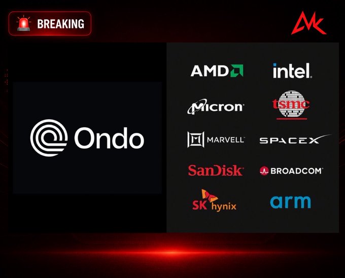 A breaking news graphic featuring the 'Ondo' logo alongside logos for AMD, intel, Micron, TSMC, MARVELL, SPACEX, SanDisk, BROADCOM, SK hynix, and arm.