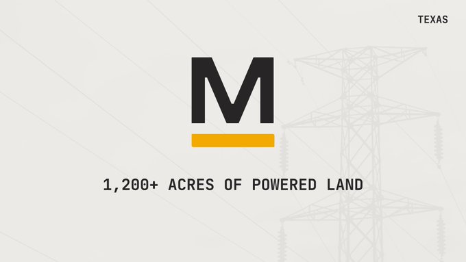 A graphic displays a large 'M' logo with a yellow underline, the text '1,200+ ACRES OF POWERED LAND', and the word 'TEXAS' alongside an electrical transmission tower.