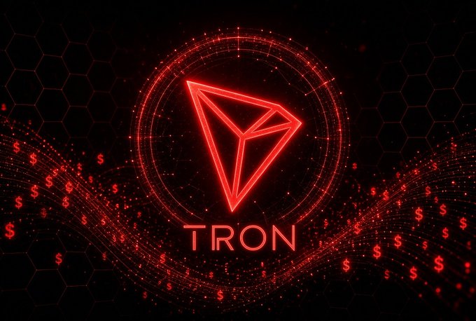 A glowing red digital illustration displays the TRON cryptocurrency logo—a triangular symbol inside a circle—set against a dark hexagonal background with flowing red dollar sign symbols.