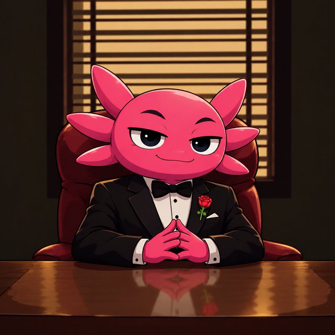 A stylized digital illustration of a pink axolotl character wearing a black tuxedo with a bow tie and a red rose boutonniere, sitting in a red leather chair with hands clasped at a polished wooden desk.
