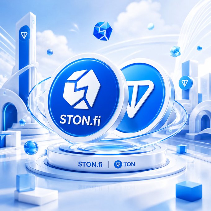 A 3D digital illustration showing blue and white logos for 'STON.fi' and 'TON' on a platform in a futuristic, sky-themed environment.