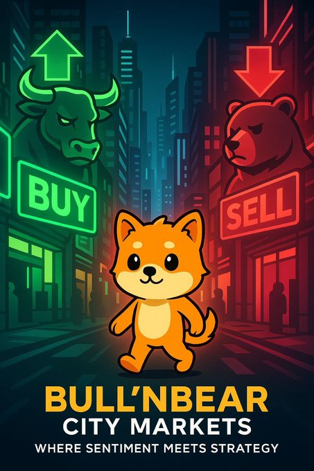 A graphic illustration featuring a Shiba Inu dog walking between a green bull with a 'BUY' arrow and a red bear with a 'SELL' arrow, titled 'BULL'NBEAR CITY MARKETS WHERE SENTIMENT MEETS STRATEGY'.