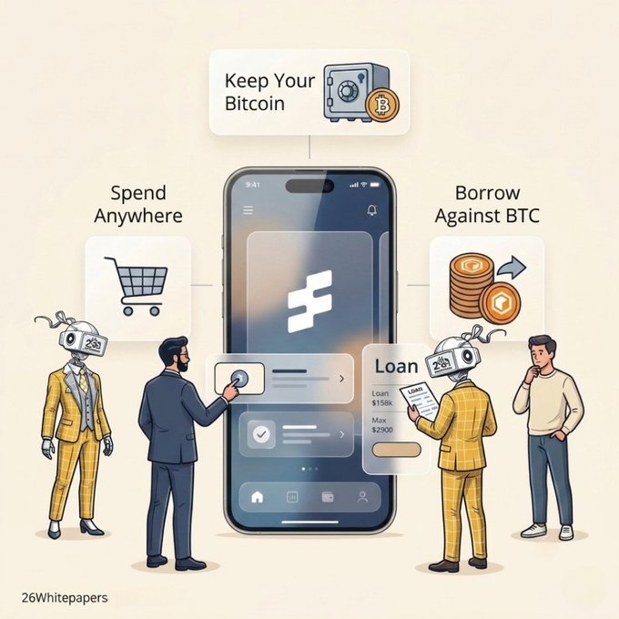 An illustrated infographic from 26Whitepapers depicting a crypto wallet app with features labeled 'Keep Your Bitcoin', 'Spend Anywhere', 'Borrow Against BTC', and 'Loan', featuring people and robots in suits.