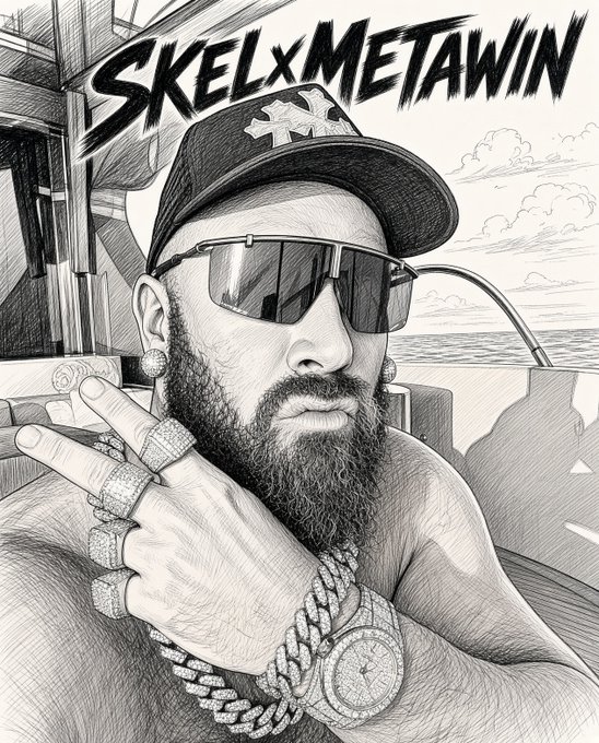 A black and white sketch-style illustration of a bearded man wearing sunglasses and a cap, holding up a ring-adorned hand; the text "SKELxMETAWIN" appears at the top.