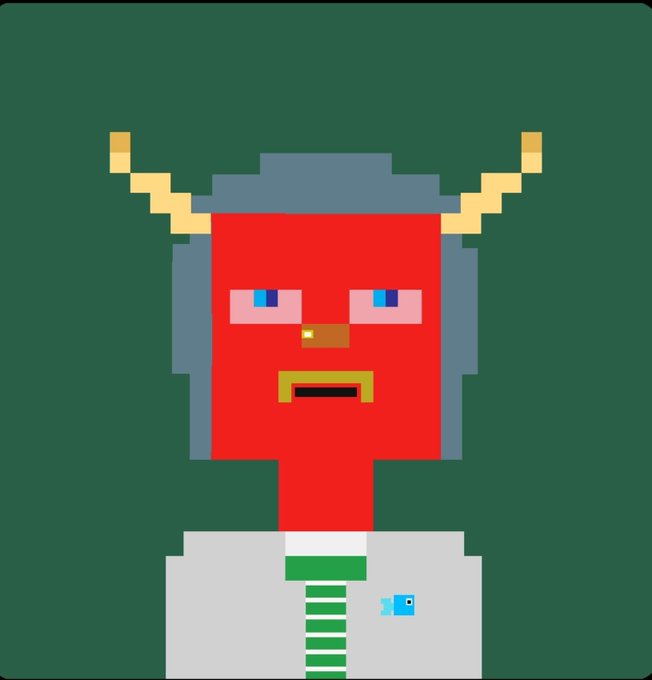 A pixel art character featuring a red face, blue hair, yellow horns, and a grey suit with a green striped tie against a dark green background.