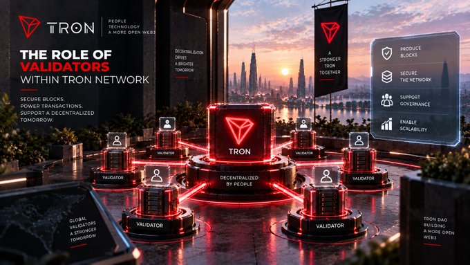 An infographic titled 'TRON: THE ROLE OF VALIDATORS WITHIN TRON NETWORK' depicting a glowing red Tron logo at the center of a network of validators, with tags like 'PRODUCE BLOCKS', 'SECURE THE NETWORK', 'SUPPORT GOVERNANCE', and 'ENABLE SCALABILITY'.