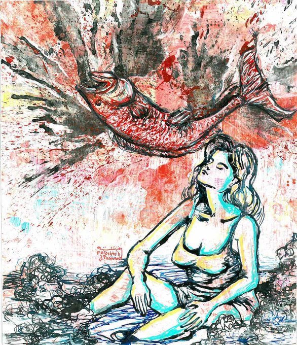 A vibrant, expressionistic watercolor and ink painting depicts a woman sitting in water beneath a large, blood-red fish suspended in the air, signed 'FARSHTEH JOHNSON 2023' in the lower left.