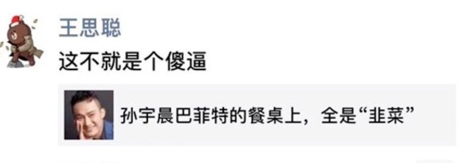 A screenshot of a social media exchange where Wang Sicong (王思聪) insults Sun Yuchen with the comment "这不就是个傻逼" (He's just an idiot), responding to an article titled "孙宇晨巴菲特的餐桌上，全是'韭菜'" (On Sun Yuchen's table at Buffett's, all are "leeks"—slang for suckers/people to be exploited), exemplifying the long-running public feud between the two Chinese billionaires.