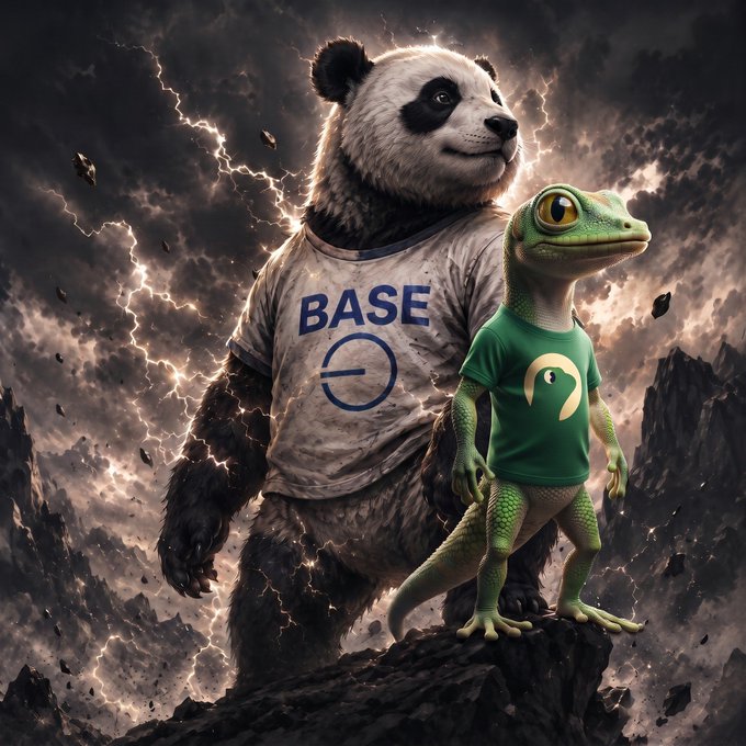 A dramatic digital artwork shows a panda wearing a 'BASE' shirt standing beside a green lizard-like creature wearing a 'PEPE' shirt, set against a stormy sky with lightning.
