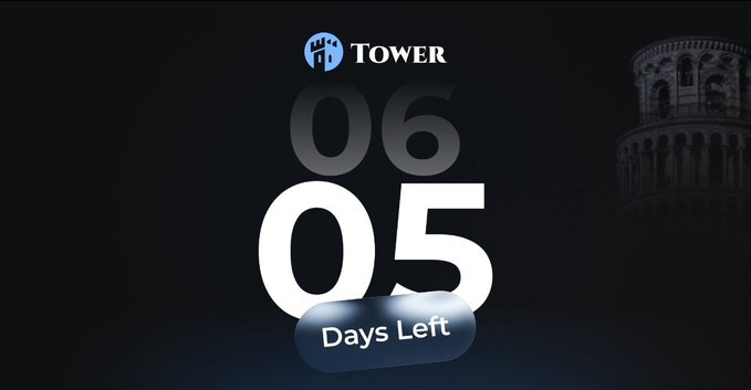 A dark, sleek countdown timer displays "05 Days Left" below the logo "TOWER," featuring a blue castle icon. A faint image of the Leaning Tower of Pisa is visible in the background.