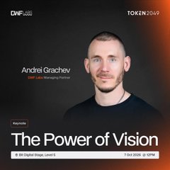 A promotional graphic for a TOKEN2049 keynote titled "The Power of Vision" features Andrei Grachev, CSO of 1inch Labs Managing Partner, on October 30.